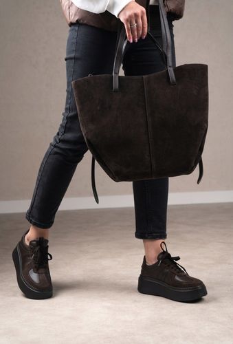 Czekoladowa zamszowa torebka brązowa shopper XL ZAMSZ NATURALNY łódka na Arena.pl