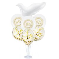 Zestaw balonów na stojaku Komunia Chrzest Święty IHS biały gołąb