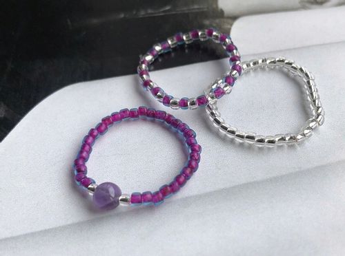 AMETYST PIERŚCIONKI Z KORALIKÓW ZESTAW 3 SZTUKI KORALIKI SREBRNE na Arena.pl