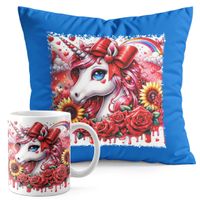 ZESTAW KUBEK + PODUSZKA NIEBIESKA - JEDNOROŻEC UNICORN KOŃ