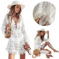 PAREO PLAŻOWA TUNIKA LETNIA BOHO NARZUTKA KORONKA BIAŁA SUKIENKA NA LATO