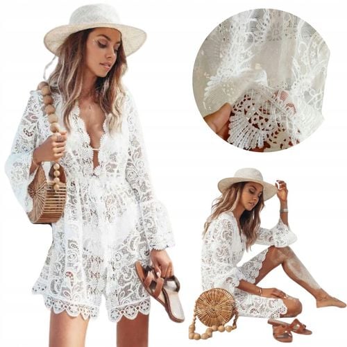 PAREO PLAŻOWA TUNIKA LETNIA BOHO NARZUTKA KORONKA BIAŁA SUKIENKA NA LATO na Arena.pl