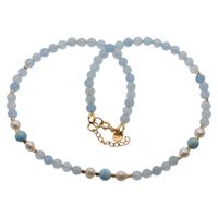 Naszyjnik - Akwamaryn fasetowany, Perły, Larimar, Hematyt i srebro złocone 50 cm