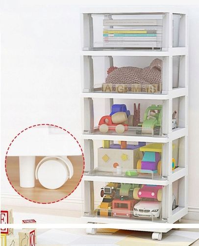 PLASTIKOWY POJEMNIK REGAŁ KOSZ NA ZABAWKI SZUFLADY 5 PÓŁEK na kółkach na Arena.pl