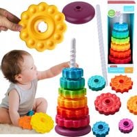 DUZA WIEZA ZAKRECONA PIRAMIDKA SENSORYCZNA TECZOWA SPIRALA UKŁADANKA SORTER