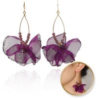 Kolczyki Wiszące, Efektowne Tiulowe Z Koralikami Fioletowe K1701