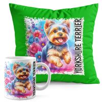 ZESTAW KUBEK + PODUSZKA ZIELONA - PIES PSY PIESEK RASA YORKSHIRE TERRIER