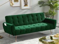 Sofa 3 osobowa kanapa rozkładana z funkcją spania welur zielona złote nóżki