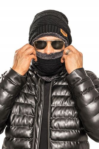 CZAPKA + KOMIN KOMPLET MĘSKI Z FUTERKIEM - CZARNY na Arena.pl