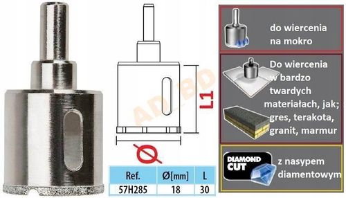 WIERTŁO DIAMENTOWE DO GRESU 18MM - T 57H285 na Arena.pl