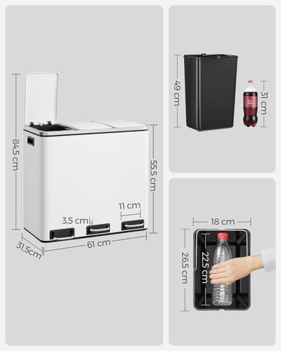 Kosz do segregacji śmieci biały 54L 3x18L z uchwytami i pokrywą na Arena.pl