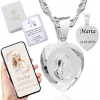 SREBRNY ŁAŃCUSZEK I MEDALIK KOMUNIJNY SERCE GRAWER MATKA BOSKA SREBRO 925