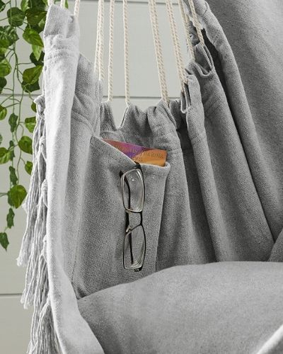 KRZESŁO BRAZYLIJSKIE FOTEL WISZĄCY HAMAK HUŚTAWKA JASNY SZARY Z PODUSZKAMI na Arena.pl