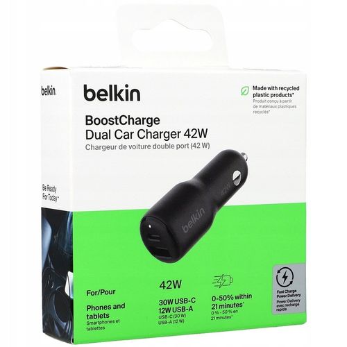 Belkin Ładowarka samochodowa - USB-C PD 3.0 3A PPS 30W + USB-A 12W, mała na Arena.pl