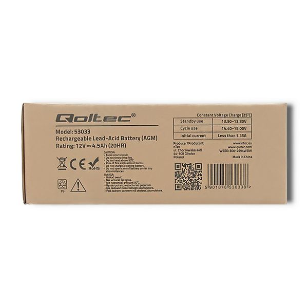 Qoltec Akumulator AGM  | 12V | 4.5Ah | max 67.5A zdjęcie 6