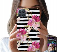 ETUI DO OPPO RENO 4 LITE - KWIATKI W CZARNO - BIAŁE PASKI WZORY