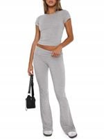 Damski Komplet Dresowy Crop Top Dzwony Wygodny Sportowy Szary L