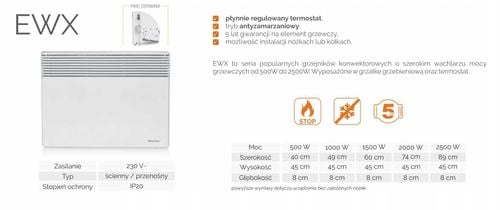 elektryczny grzejnik naścienny warmtec ewx-2000w na Arena.pl