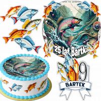 ZESTAW OPŁATEK NA TORT 20CM + 16 POSTACI - WĘDKARSKIE RYBAK +IMIĘ 15CM 18CM