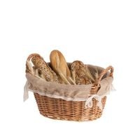 Owalny Koszyk z Wikliny obszyty Jutą i Koronką z uchwytami 31x24 H16 cm