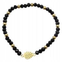 Bransoletka z czarnych koralików liść Monstery przekładki w kolorze złotym