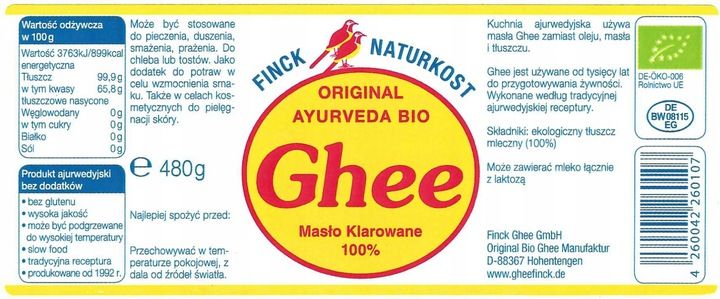 MASŁO KLAROWANE Ghee BIO Finck Naturkost sklarowane KETO tłuszcz 480g zdjęcie 2