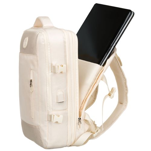 praktyczny plecak podróżny w kolorze ecru, wyposażony w siatkowaną na Arena.pl