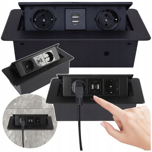 GNIAZDO CHOWANE W BLAT NABLATOWE + 2 USB CZARNE zdjęcie 1