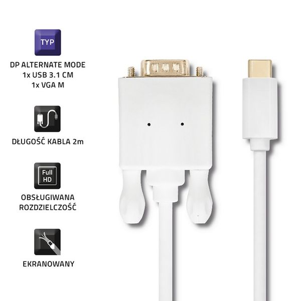 Qoltec Kabel USB 3.1 typ C męski/ VGA męski | FULL HD | Alternate mode | 2m zdjęcie 3