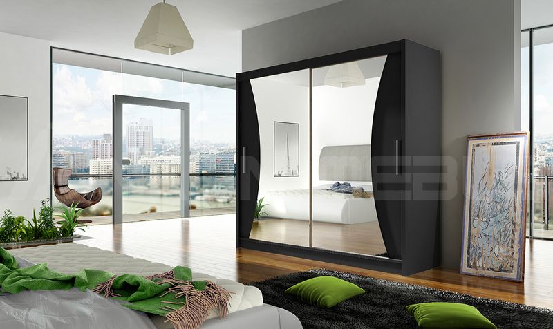 Szafa przesuwna Bega V z lustrem 180cm - pojemna garderoba - CZARNY zdjęcie 2