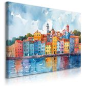Obraz Canvas Sypialni Pejzaż Malowane Budynki Akwarele Rzeka 90cm x 60cm