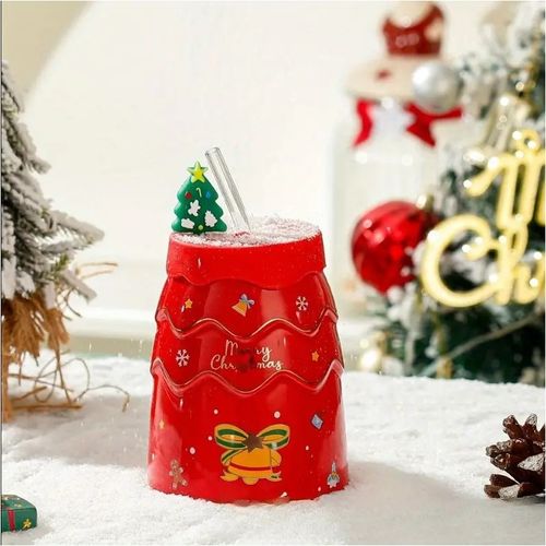 kubek świąteczny - zestaw z silikonową pokrywką i rurką 400ml, czerwony na Arena.pl