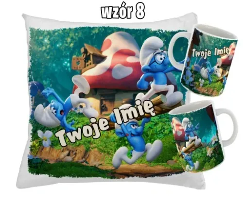 Zestaw SMERFY KUBEK + PODUSZKA RÓŻNE WZORY + IMIĘ UNIKALNY WYJĄTKOWY na Arena.pl