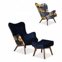 Fotel z pufą skandynawski uszak Luna Print Duo podnóżkiem Family meble