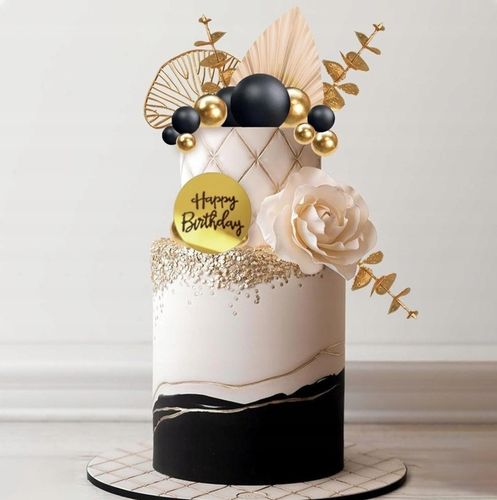 DEKORACJA TOPPER NA TORT ZŁOTE CZARNE KULE MIX NA PIKU WACHLARZE LIŚCIE na Arena.pl