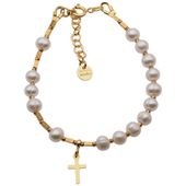 Bransoletka - Białe Perły, złoty hematyt, krzyżyk i srebro złocone
