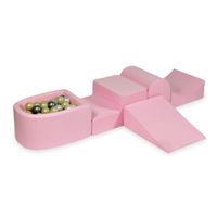 Piankowy plac zabaw z górką i z basenem micro pudrowy róż + 100 piłek (jasne złoto, perła, srebrne, przezroczyste)