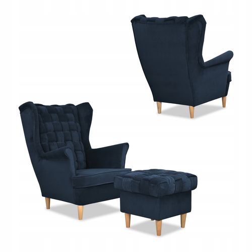 Zestaw wypoczynkowy Carol sofa fotele pufy paski granatowy na Arena.pl