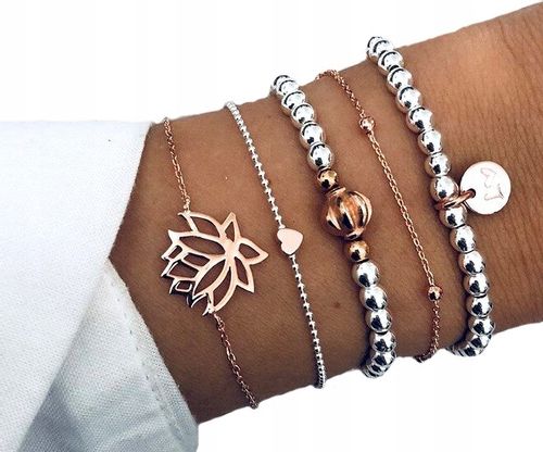 Zestaw 5 Bransoletek Srebrnych Złotych Liść Serce na Arena.pl