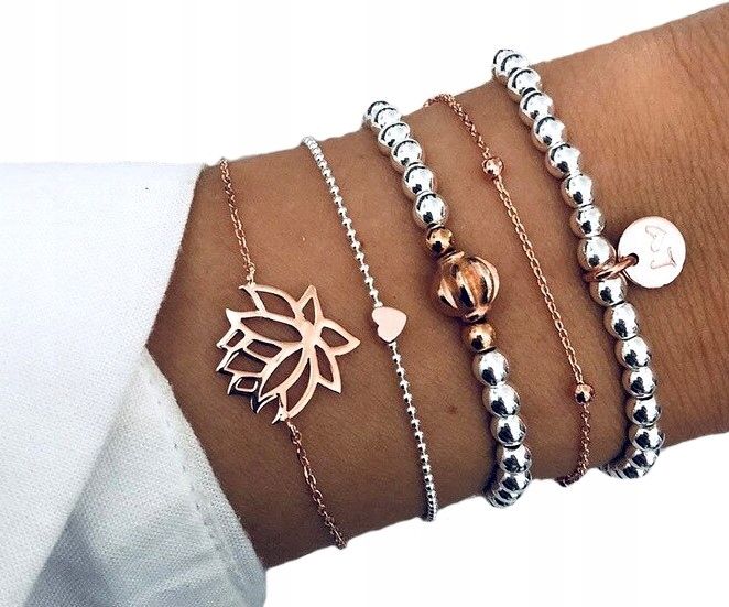 Zestaw 5 Bransoletek Srebrnych Złotych Liść Serce zdjęcie 3