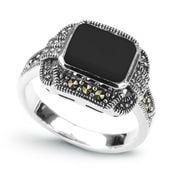 srebrny elegancki pierścionek z onyksem i markazytami