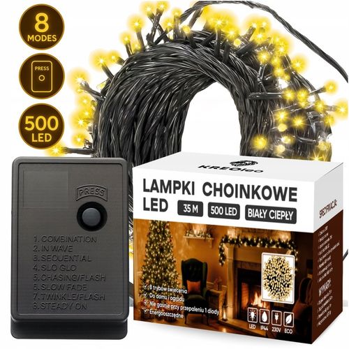 MOCNE LAMPKI CHOINKOWE 500 LED OŚWIETLENIE ŚWIĄTECZNE ZEW/WEW BIAŁY CIEPŁY na Arena.pl