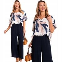 Elegancki KOMPLET Casual BLUZKA W Serek Szerokie SPODNIE Liście Granat