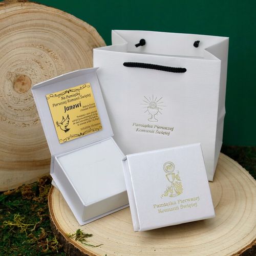PAMIĄTKA KOMUNII ŚWIĘTEJ / PUDEŁKO NA KOMUNIĘ + TOREBKA + GRAWER DEDYKACJA na Arena.pl