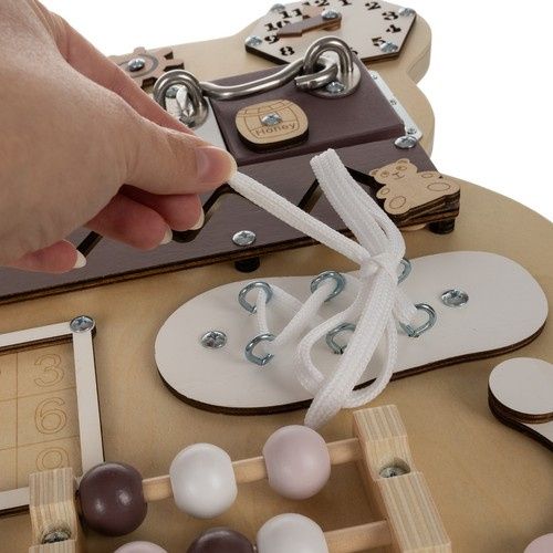 Tablica Manipulacyjna Sensoryczna 14w1 Edukacyjna Drewniana Miś dla Dzieci na Arena.pl