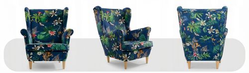 Fotel uszak skandynawski wzorzysty niebieski liście Ari Print Family Meble na Arena.pl