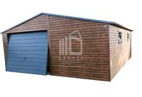 GARAŻ BLASZANY 6m x 6m dwuspad - Brama uchylna - ciemny orzech - dodatkowe drzwi - 2x okno 6x6