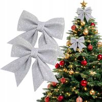 KOKARDA ŚWIĄTECZNA 2SZT SREBRNA BŁYSZCZĄCA 15CM NA CHOINKĘ DRZWI OKNO