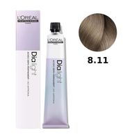 Loreal Dia Light farba do włosów farbowanych i uwrażliwionych, koloryzacja kwasowa ton w ton, bez amoniaku, 50ml 8.11 jasny blond popielaty głęboki milkshake