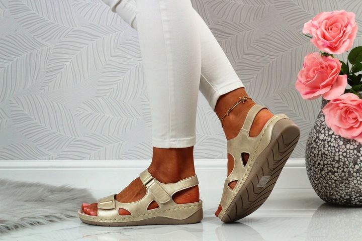 SANDAŁY DAMSKIE PROFILOWANE SZYTE NA RZEPY SKÓRA zdjęcie 5